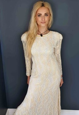 Vintage Cream Beaded Sequin Fishtail Gown Long Sleeve