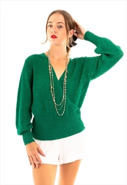 Front cross design fine knit jumper top in green