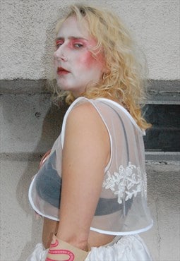 Sheer White Beaded Crop Waistcoat Lace Fairy Grunge M/L