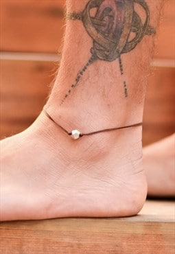 Nugget anklet for men silver bead brown cord ankle bracelet