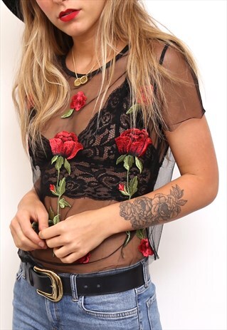 BLACK ROSE FLORAL EMBROIDERED CROP TOP