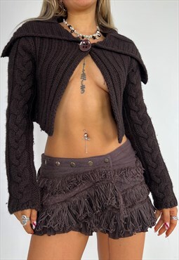 Vintage 90s Cardigan Cropped Knit Shrug Chunky Y2k Brown