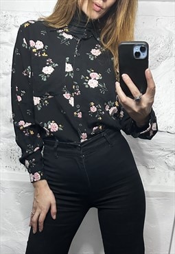 Roses Print Black Background Shirt / Blouse - Small