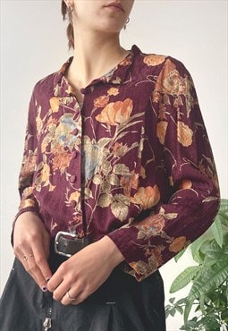 Vintage 90s Burgundy Floral Loose Fit Button Up Shirt Blouse
