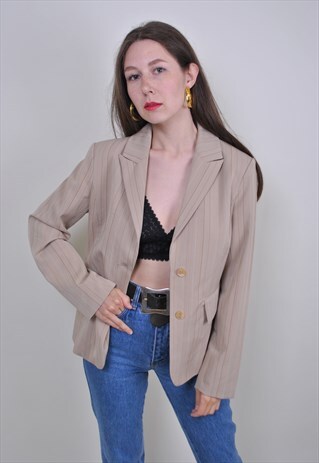 80S STRIPED BEIGE BLAZER, WOMEN COCTAIL SUIT JACKET