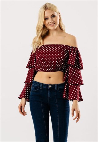 BARDOT POLKA DOTS CROP TOP WITH TIER SLEEVE