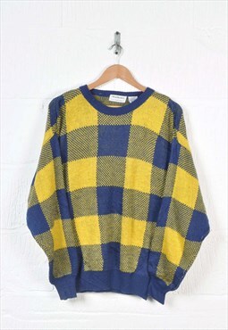 Vintage Knitted Jumper Retro Checked Pattern Yellow/Blue M