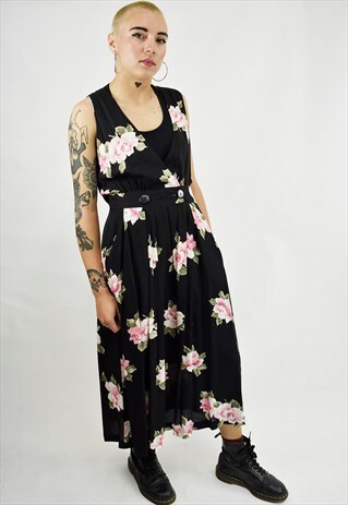 VINTAGE 80S BOLD FLORAL PRINT MIDAXI WRAP DRESS, PLUNGE NECK