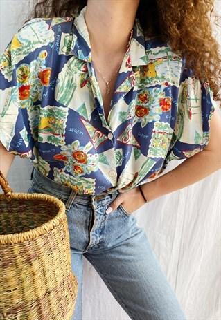 VINTAGE 80S RIVIERA ABSTRACT TRAVEL PRINT BOHEME BLOUSE TOP