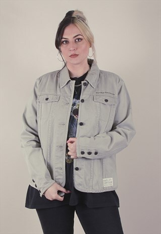 VINTAGE HARLEY DAVIDSON GREY DENIM JACKET EMBROIDERED /A6040