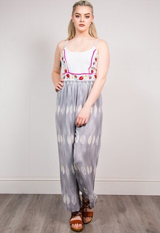 VINTAGE GREY LEAF PATTERN HIPPIE STYLE WIDE LEG TROUSERS