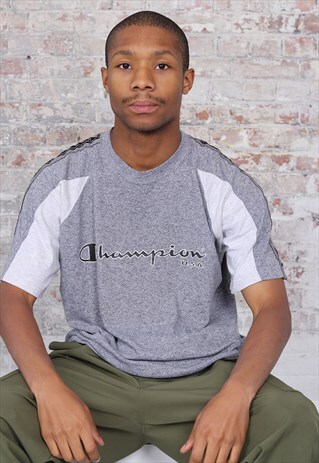 VINTAGE CHAMPION TAPE LOGO SPELLOUT T-SHIRT GREY