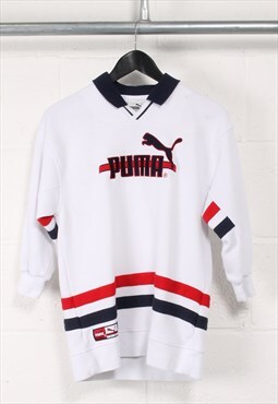Vintage Puma Long Sleeve Polo Shirt White Sports Jumper XS