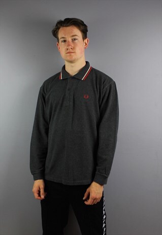 VINTAGE FRED PERRY LONGSLEEVE POLO SHIRT IN GREY WITH EMBROI