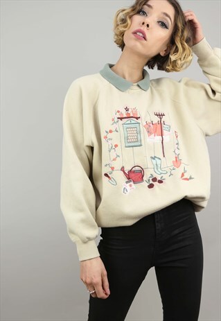 VINTAGE 80S/90S OVERSIZED GARDEN EMBROIDERED SWEATER
