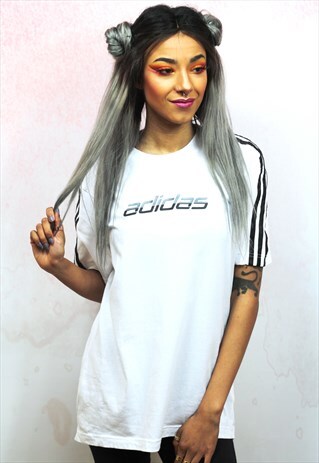 1990S VINTAGE BRANDED WHITE WITH BLACK STRIPE SPORTS T-SHIRT