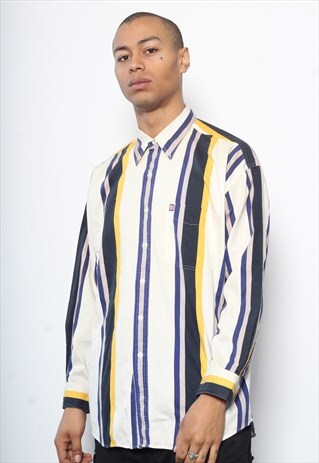 VINTAGE RALPH LAUREN CHAPS STRIPED SHIRT BLUE CREAM YELLOW