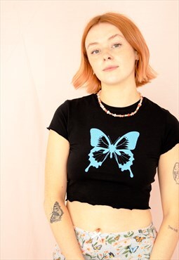 Black and Blue Butterfly Print Baby Tee Crop Top