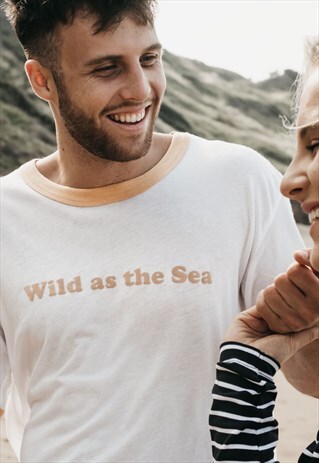 'WILD AS THE SEA' SUPER SOFT RETRO SLOGAN RINGER T-SHIRT