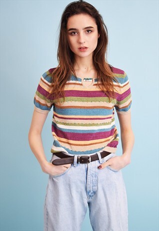 90'S RETRO STRIPED KNIT BEADED MOMS TOP BLOUSE