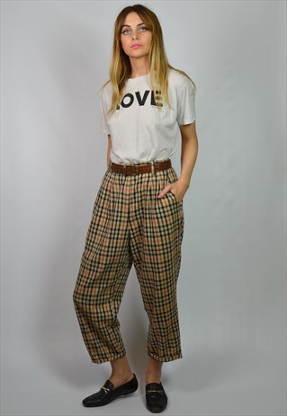 VINTAGE 90S CAMEL BROWN CHECK HIGH RISE TAPERED TROUSERS
