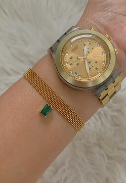 Green Crystal Gold Woven Chain Bracelet