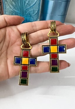 Gold and Multi Coloured Cross Drop Earrings