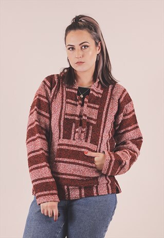 VINTAGE RED STRIPE BAJA KNITTED HOODIE HIPPY /A9-049