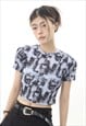 ABSTRACT CROP TOP TIE-DYE PRINT T-SHIRT GRUNGE TOP IN GREY