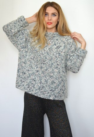 VINTAGE OVERSIZED LIGHT GREY FLECK KNITTED JUMPER