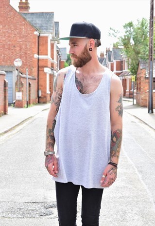 MENS PLAIN GREY OVERSIZE LOW CUT GYM SUMMER VEST TOP T