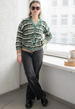Vintage 80's Green/Brown Patterned Hand Knitted Cardigan
