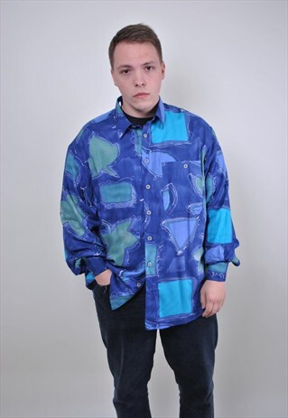 ABSTRACT MENS SHIRT, 90S DISCO BUTTON DOWN, SIZE XL