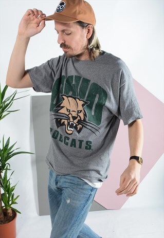 VINTAGE BOBCATS PRINT T-SHIRT IN GREY