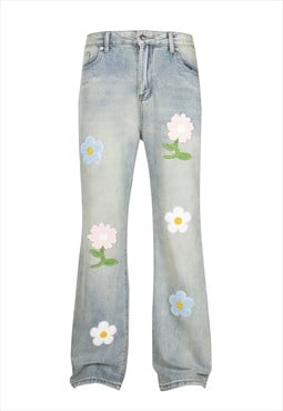 Patchwork jeans floral denim trouser bleached flower pants