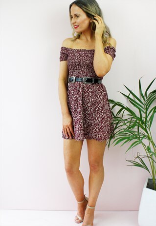 BURGUNDY FLORAL BARDOT SHORT SLEEVE BOHO MINI DRESS