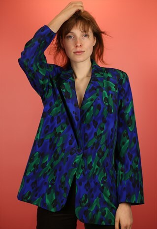 VINTAGE 90S ABSTRACT PATTERN GREEN BLUE BLAZER