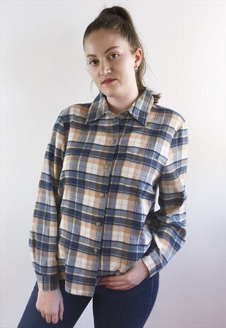 WOMENS VINTAGE 80S TOP BLUE FLANNEL LOOK CHECKED SHIRT