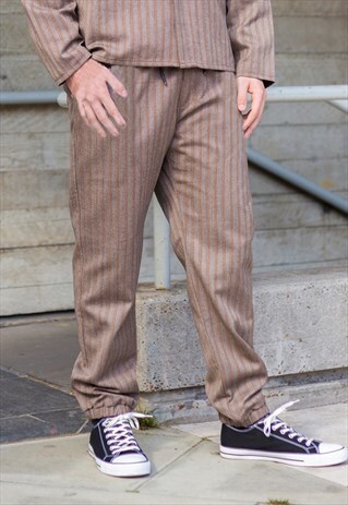 BROWN RETRO PREMIUM WOOL STRIPED FABRIC TROUSERS PANTS
