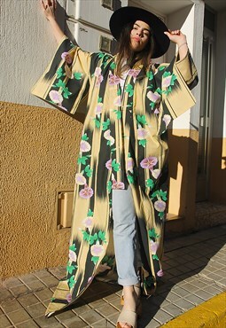 Black & Cream Floral Print Maxi Length Kimono Jacket