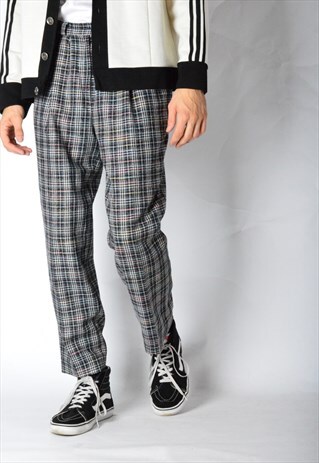 VINTAGE 80S UNISEX COLOURFUL CHECK WOOL BLEND PANTS