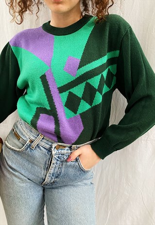 VINTAGE 80S ABSTRACT PATTERN KNIT OVERSIZED JUMPER SWEATER