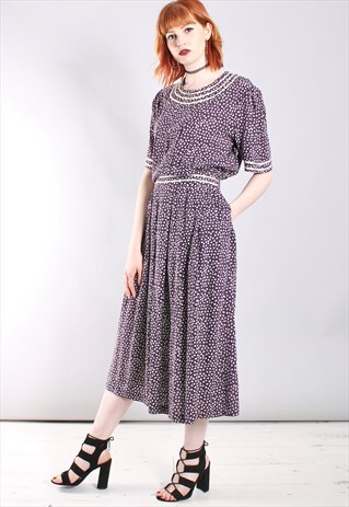 VINTAGE 80S PRINT PATTERNED BUTTON BACK MIDI DRESS