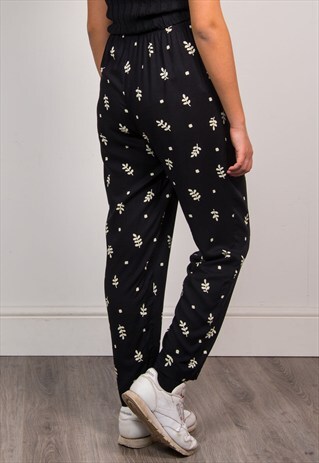 90'S VINTAGE BLACK LEAF PATTERNED FESTIVAL TROUSERS