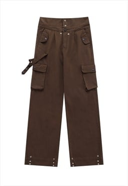 High waist parachute joggers cargo pocket pants in brown