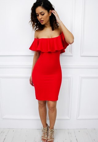WOMENS LADIES OFF SHOULDER BARDOT FRILL RED DRESS