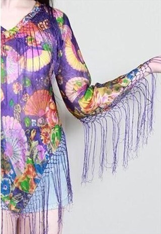 VINTAGE 1970'S PURPLE PATTERNED SILK FRINGED TUNIC
