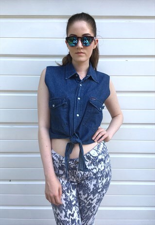 WOMENS VINTAGE 80S TOP BLUE DENIM CROP TOP FESTIVAL TOP