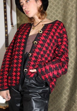 Vintage 90s Red / Black Houndstooth Boxy Cardigan