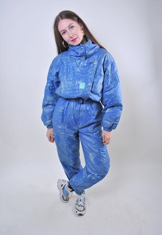 POLKA DOT BLUE VINTAGE SKI SUIT, WOMEN ONE PIECE SNOWSUIT